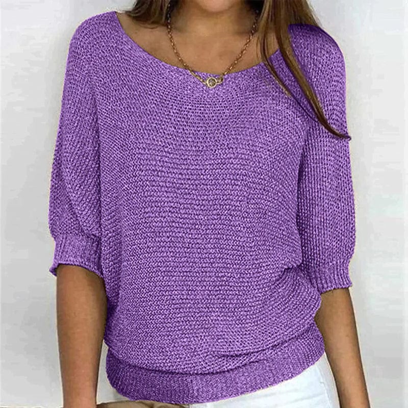 Suéter de color liso con cuello redondo y mangas 3/4.-ES