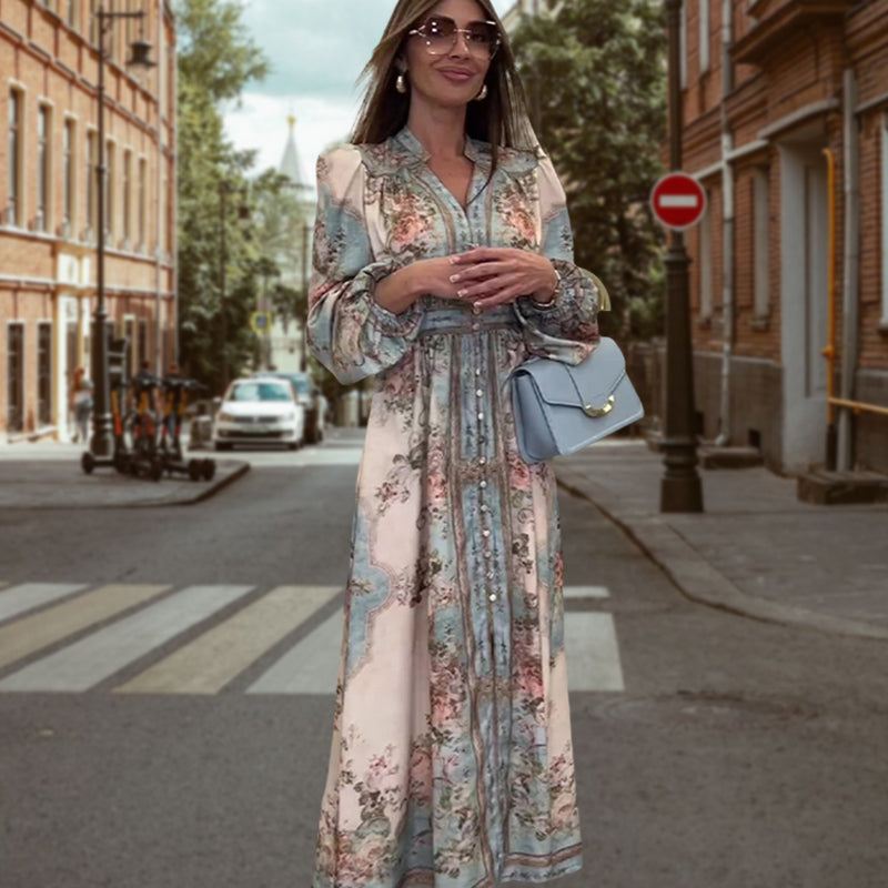 Elegantna obleka su V formos iskirpte, high liemeniu, flower rashtu ir sagomis-LT