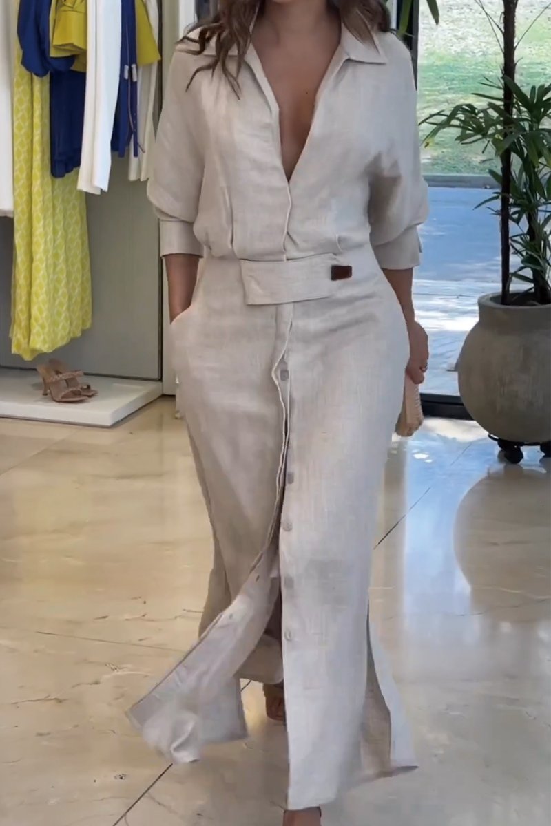 Φόρεμα μάξι από μονόχρωμο βαμβάκι και λινό-GR