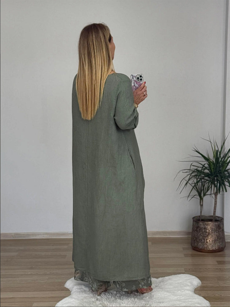 Laisvalaikio stiliaus netaisyklingo viršaus ir plačių kelnių komplektas iš medvilnės ir lino-LT