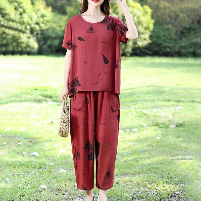 💞 Moteriškas raštuotas trumpų rankovių upper komplektas ir placios trumpintos kelnės-LT