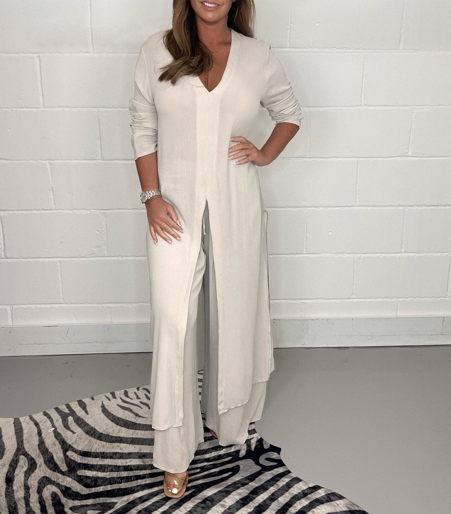 💃Top largo casual de dos piezas y pantalón casual😍-ES