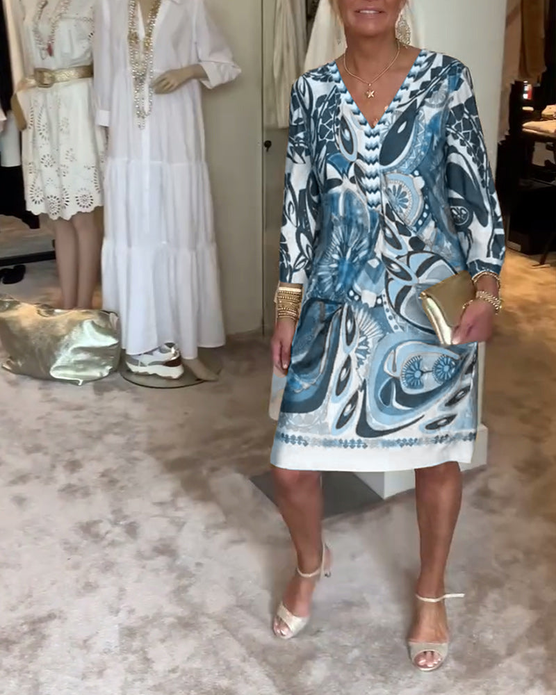 Φόρεμα με V-λαιμόκοψη και Vintage Στάμπα-GR