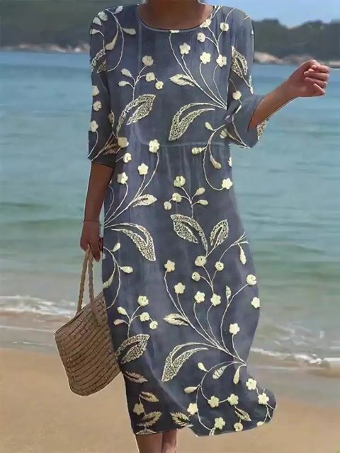 Ženska enobarvna obleka iz bombaža in lana z okroglim izrezom in polcvetličnim vzorcem-SI