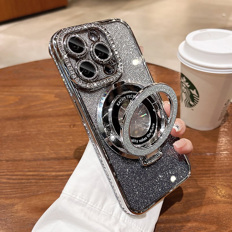 Magnetinis iPhone dėklas su blizgančiais kalnų krištolais ir nematomu stovu-LT