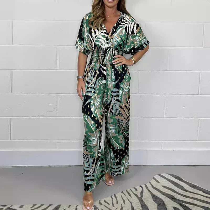 🥻 Γυναικεία καλοκαιρινή μόδα Plus Size σώμα εκτύπωσης φύλλων με ελαστική μέση-GR