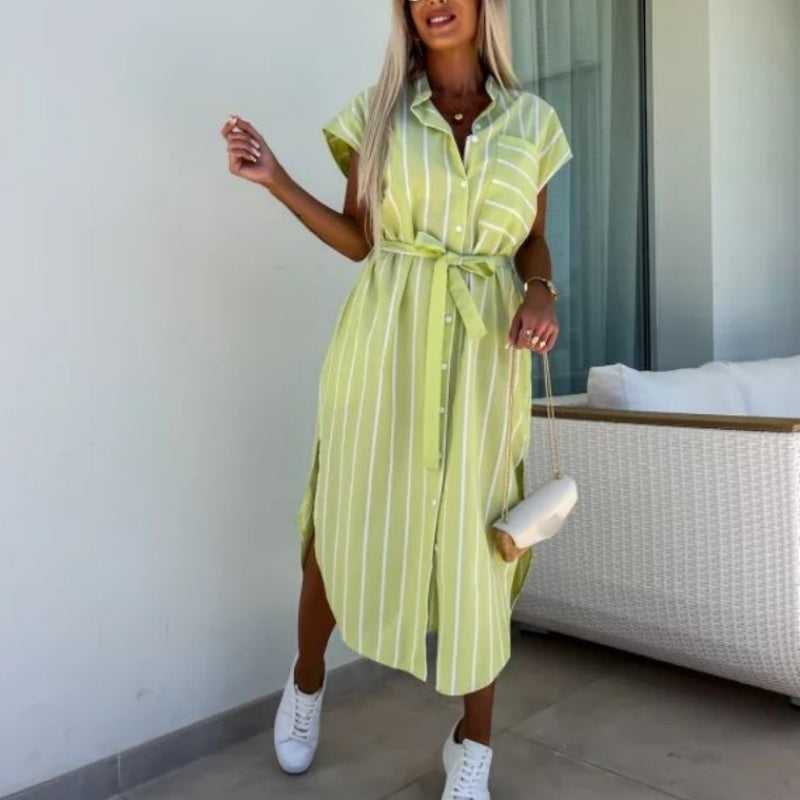 🔥 Casual πουκάμισα φορέματα με ριγέ τσέπες για γυναίκες-GR