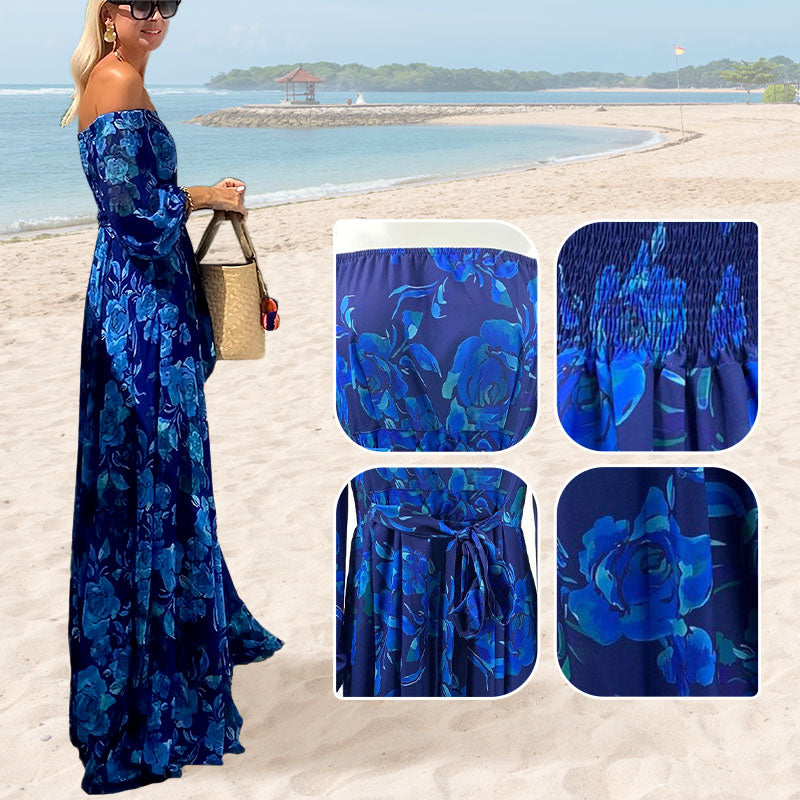 👗Elegantiška ilga suknelė be petnešėlių su kaskadiniais gėlių raštais-GR