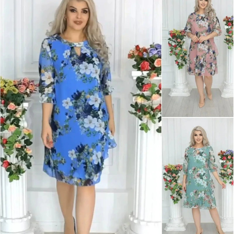💝Ženska obleka do kolen s cvetličnim potiskom - GR