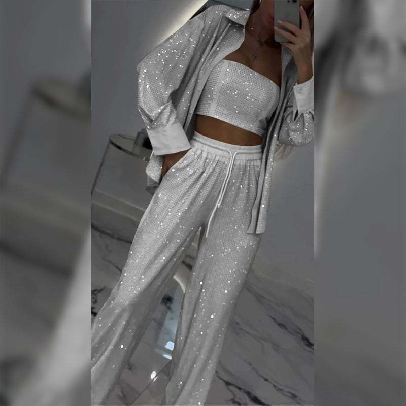 Čudovit blazer, udobna podloga v širokih hlačah (3-delni)-SI
