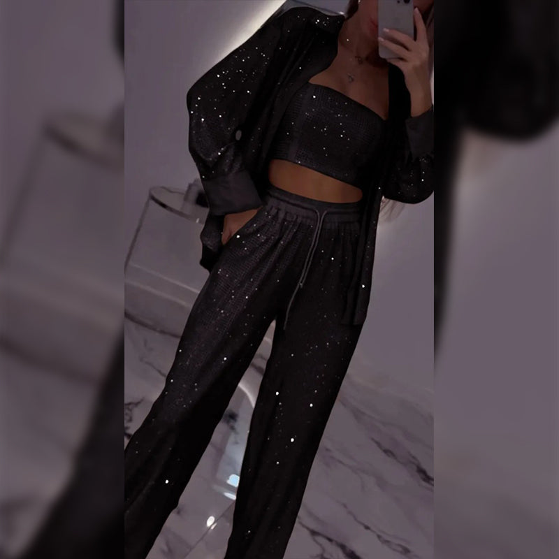 Čudovit blazer, udobna podloga v širokih hlačah (3-delni)-SI