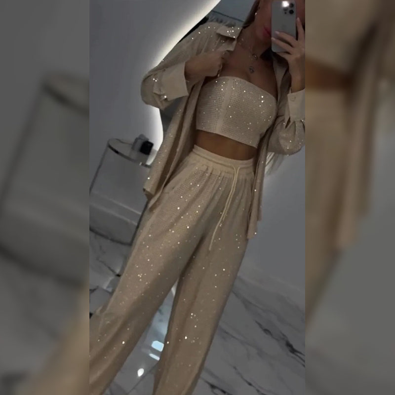 Čudovit blazer, udobna podloga v širokih hlačah (3-delni)-SI