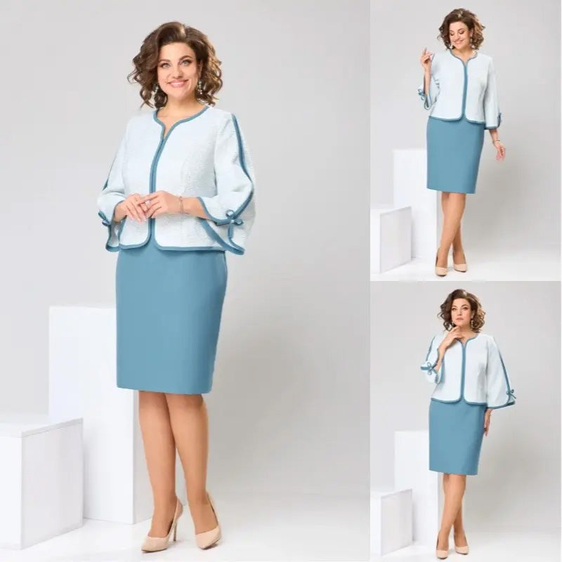 Elegantna palaidinė su kaspinu ir sijonu su skeltuku gale-LT