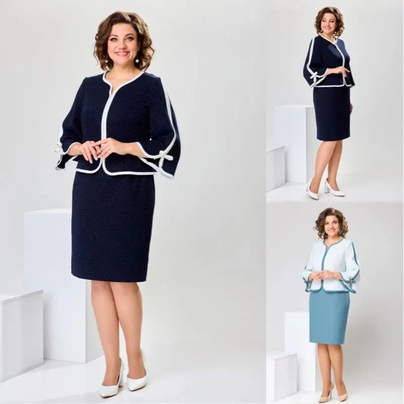 Elegantna palaidinė su kaspinu ir sijonu su skeltuku gale-LT