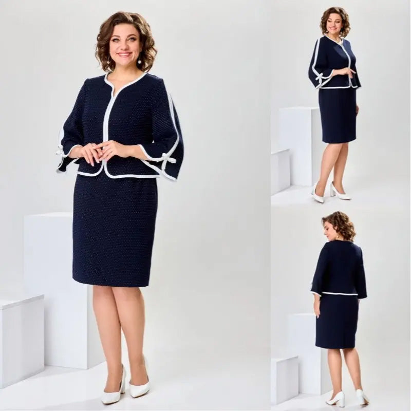 Elegantna palaidinė su kaspinu ir sijonu su skeltuku gale-LT