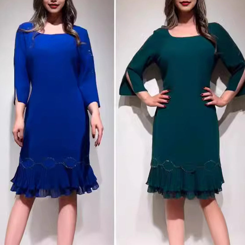 💝Elegantiška suknelė su apvalia iškirpte ir raukiniais apačioje-LT