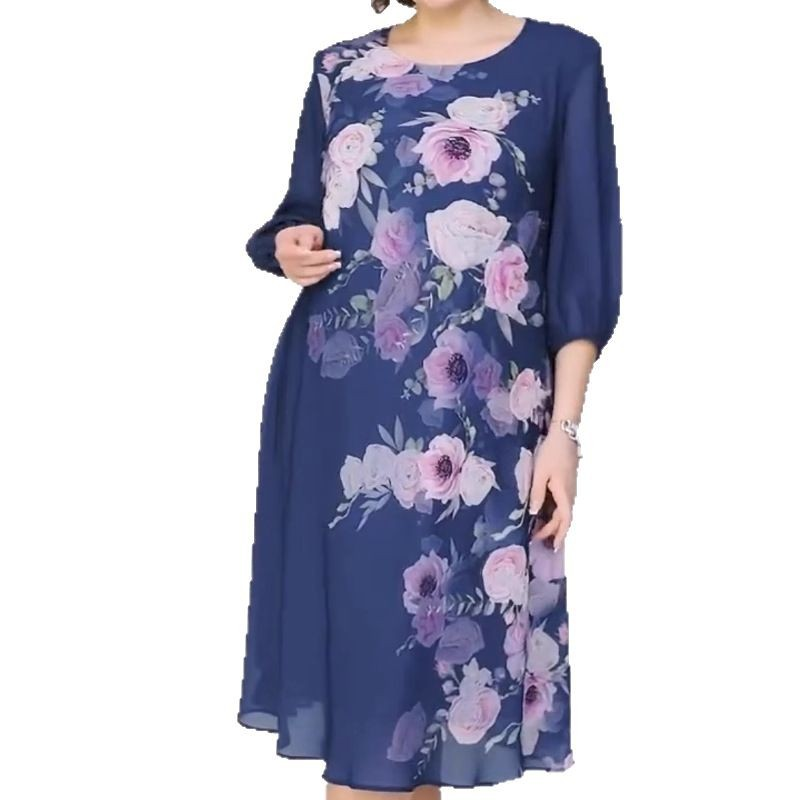 Κομψό φόρεμα από σιφόν με φλοράλ print και στρογγυλή λαιμόκοψη-GR