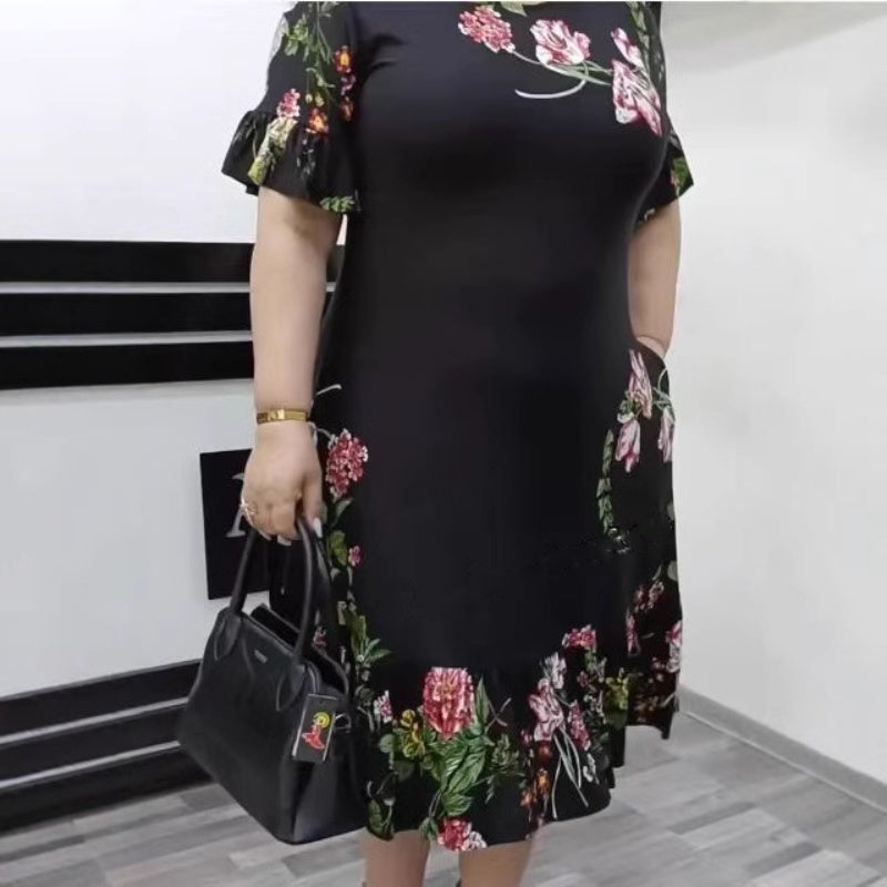🌺Elegantna prevelika obleka z volančki in potiskom - GR