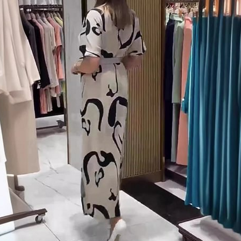 Moteriška marginta trumpomis rankovėmis ilga dress-LT