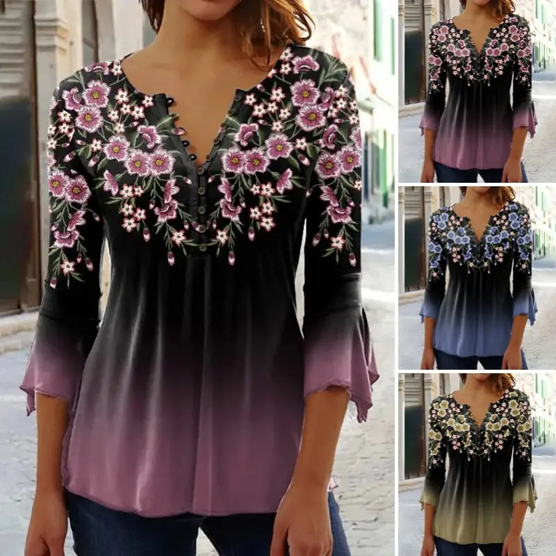 🔥Elegantna ženska bluza s cvetličnim vzorcem in V-izrezom - GR