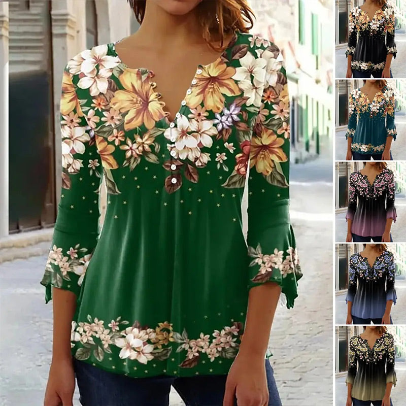 🔥Elegantna ženska bluza s cvetličnim vzorcem in V-izrezom - GR