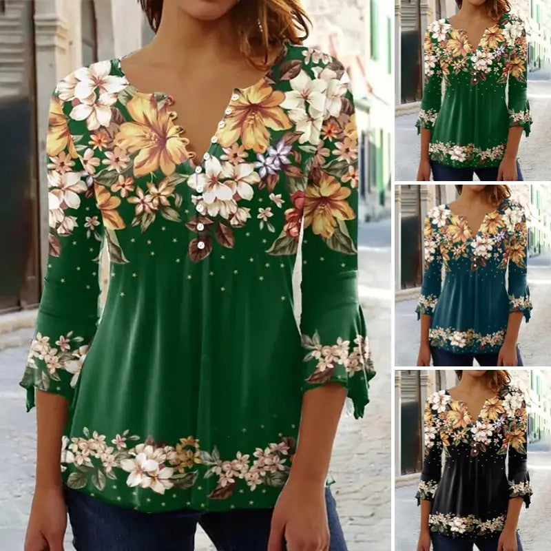 🔥Elegantna ženska bluza s cvetličnim vzorcem in V-izrezom - GR