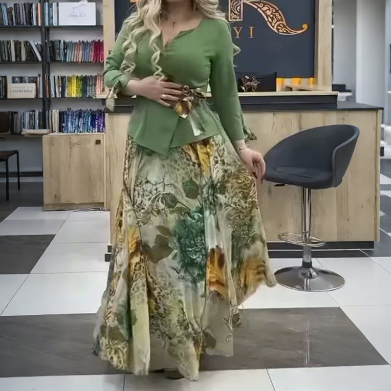 💜Elegantiškas dviejų dalių komplektas – palaidinė ir sijonas su gėlių motyvais