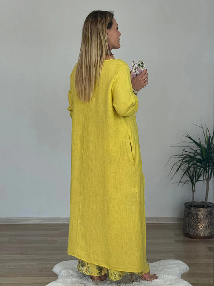 Komplet ležernih hlač z neenakomernim zgornjim delom in širokimi hlačnicami iz bombaža in lana-SI