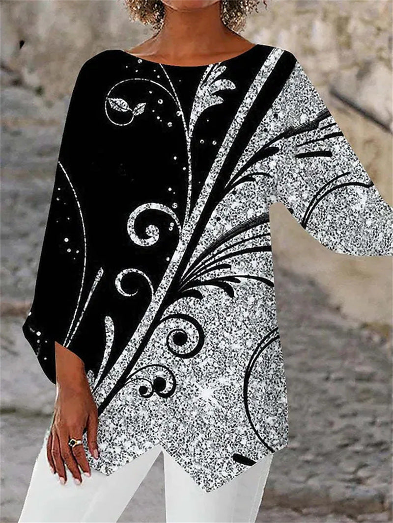 [S-5XL] Nauji 2025 m. spausdinti marškiniai apvalia iškirpte ilgomis rankovėmis-LT