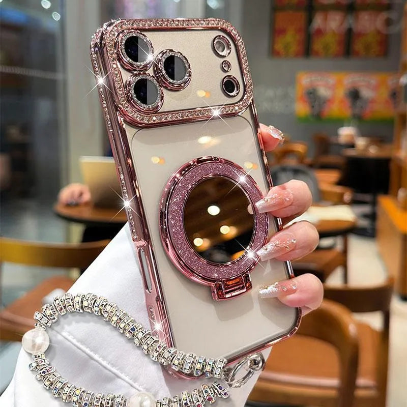 ✨💎Ženski ovitek za telefon z bleščečimi diamanti, ogledalom in stojalom za iPhone 12/13/14/15/16/17 Pro Max, 17Air, 14/15/16 Plus💖-SI