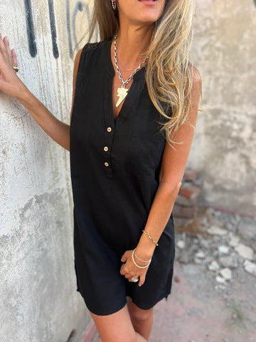 Γυναικείο μονόχρωμο φόρεμα από βαμβάκι και λινό-GR