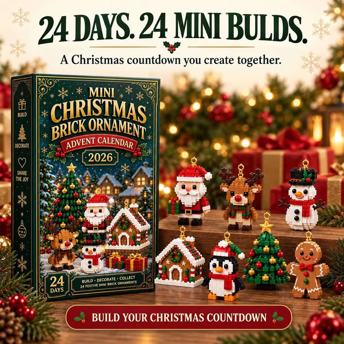 🎄 24 dienu mini Adventes kalendārs ar Ziemassvētku rotājumiem | 24 unikāli, svētku, pašu veidojami dizaini ar piekarināmām cilpām — ideāli piemēroti Ziemassvētku eglīšu, vainagu un svētku rotājumu dekorēšanai 🧱-LV