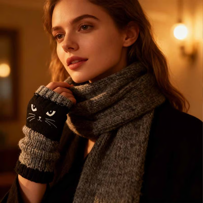 🐱 Prikupne ženske pletene rokavice z mačjim motivom🧤🧶-SI