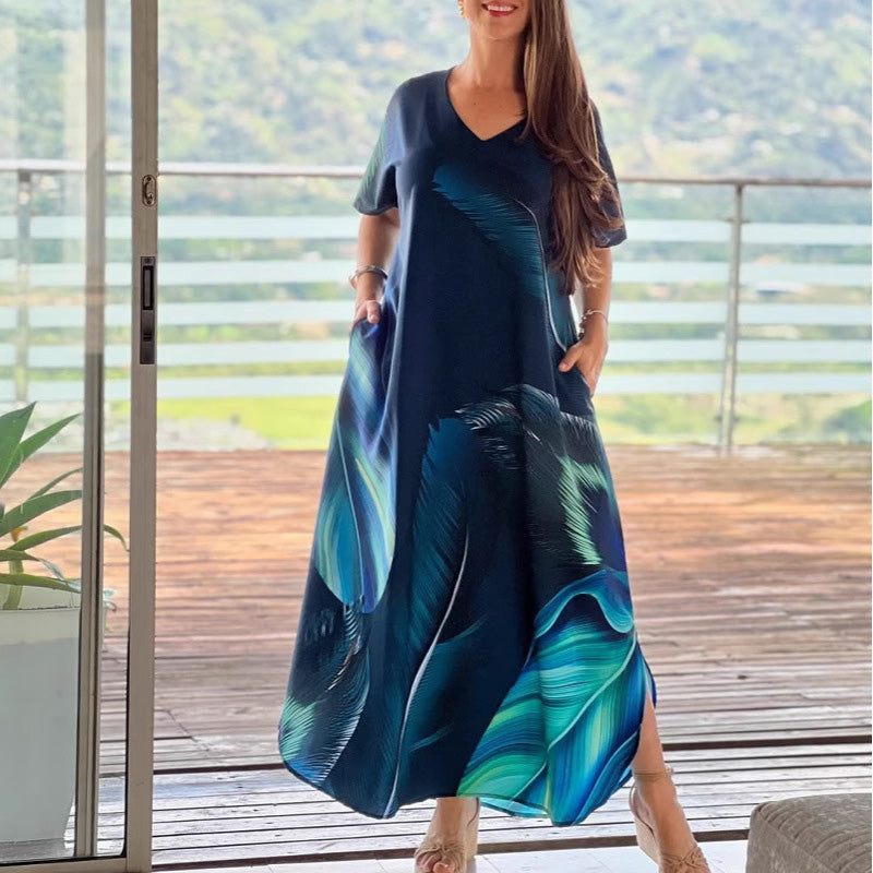 Γυναικείο χαλαρό, casual φόρεμα με V ντεκολτέ, τύπωμα και κοντά μανίκια-GR