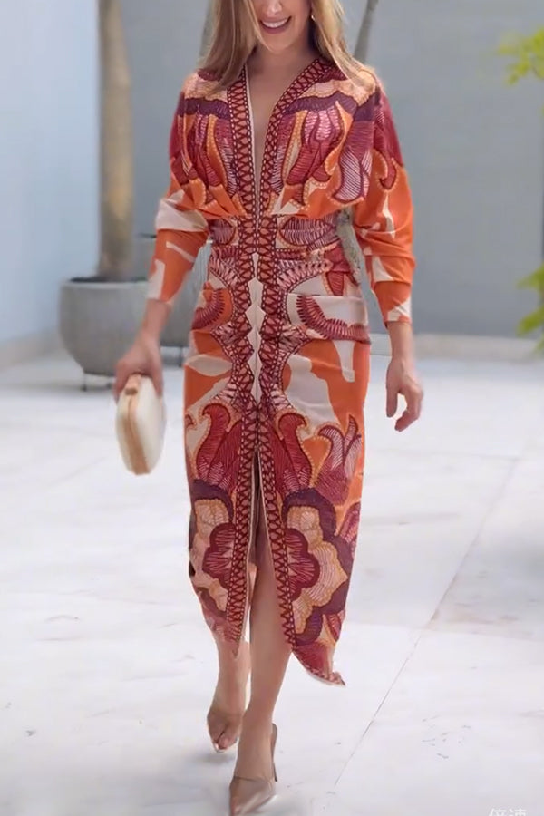 Unikali braziliška šikšnosparnių rašto midi suknelė su klostuotomis ilgomis rankovėmis-LT