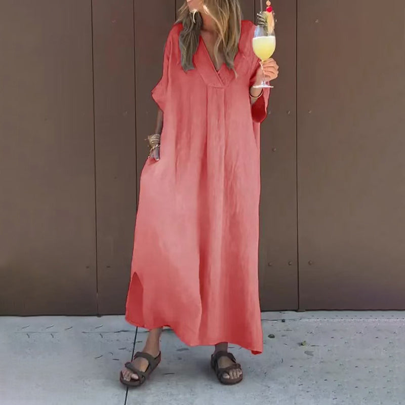 【S-4XL】💖Paprasta, ryški moteriška suknelė V formos iškirpte-LT