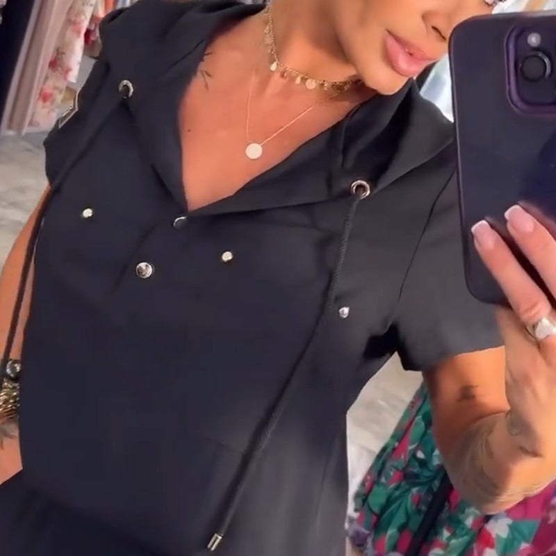 Μπλούζα με κουκούλα και V ντεκολτέ, κοντομάνικο, παντελόνι, σετ δύο τεμαχίων-GR