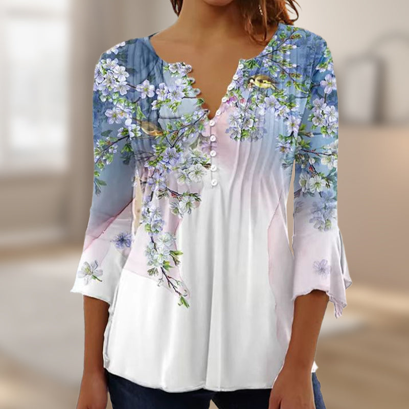 🌺 Moteriški marškinėliai su V formos iškirpte ir raštu✨-LT