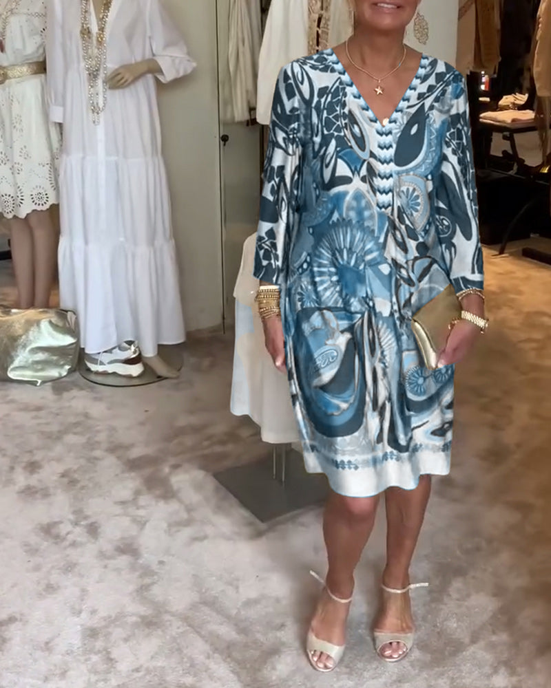 Φόρεμα με V-λαιμόκοψη και Vintage Στάμπα-GR