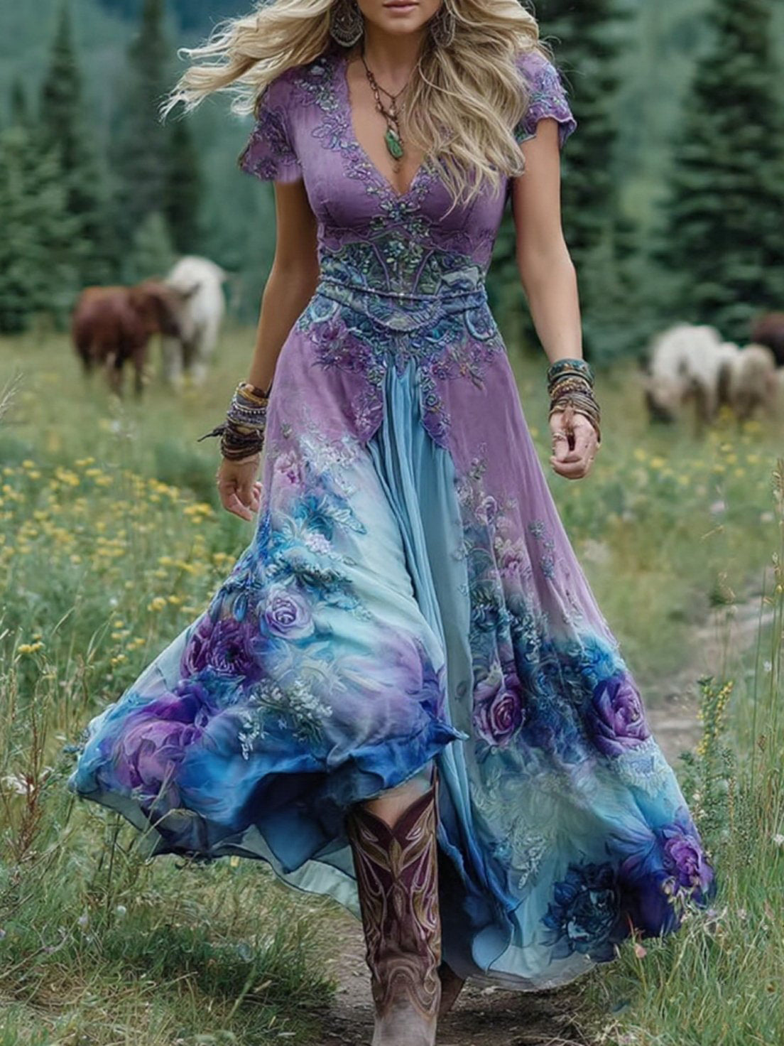 Elegante vestido largo corto en tonos morados y lavanda con estampado floral.-ES