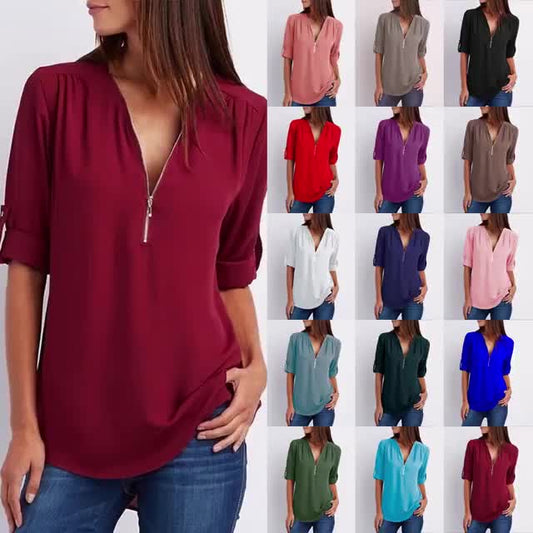 💟Blusa holgada de talla grande con mangas 3/4 y cremallera-ES