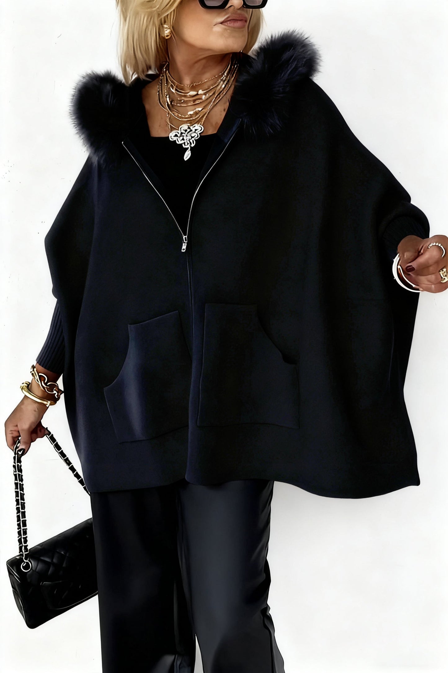 Γυναικείο casual μπουφάν με μονόχρωμο γούνινο γιακά-GR