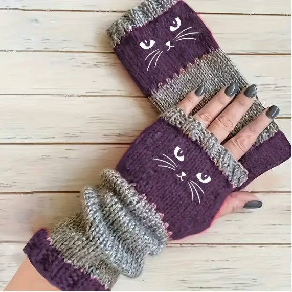 🐱 Prikupne ženske pletene rokavice z mačjim motivom🧤🧶-SI