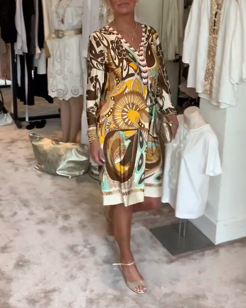 Φόρεμα με V-λαιμόκοψη και Vintage Στάμπα-GR