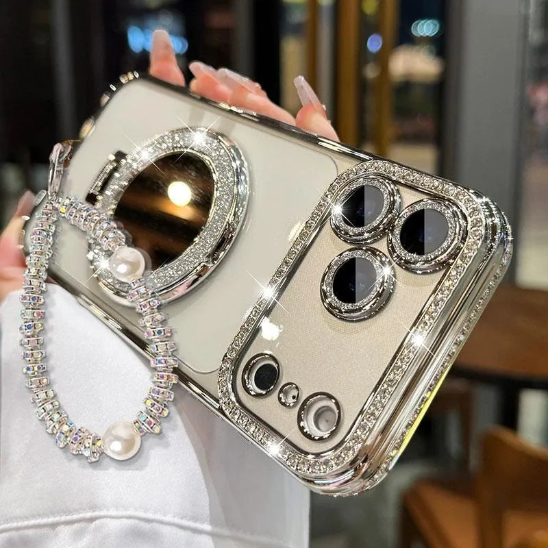 ✨💎Ženski ovitek za telefon z bleščečimi diamanti, ogledalom in stojalom za iPhone 12/13/14/15/16/17 Pro Max, 17Air, 14/15/16 Plus💖-SI