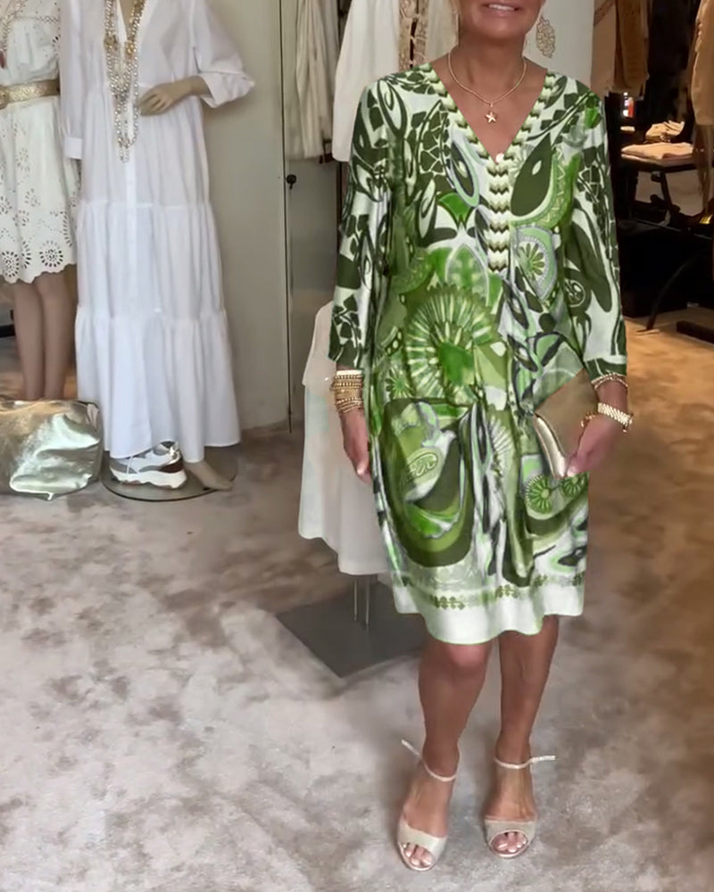 Φόρεμα με V-λαιμόκοψη και Vintage Στάμπα-GR