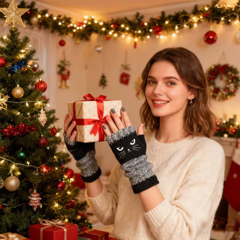 🐱 Prikupne ženske pletene rokavice z mačjim motivom🧤🧶-SI