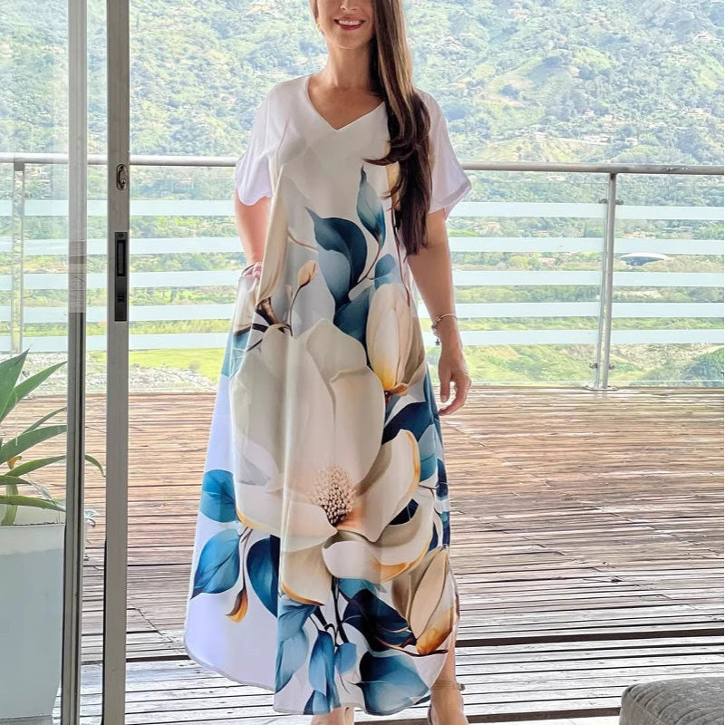 Γυναικείο χαλαρό, casual φόρεμα με V ντεκολτέ, τύπωμα και κοντά μανίκια-GR