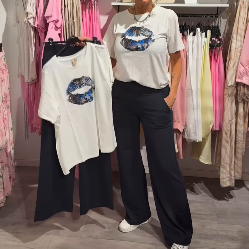 Γυναικείο σετ δύο τεμαχίων με τύπωμα, τοπ και παντελόνι-GR