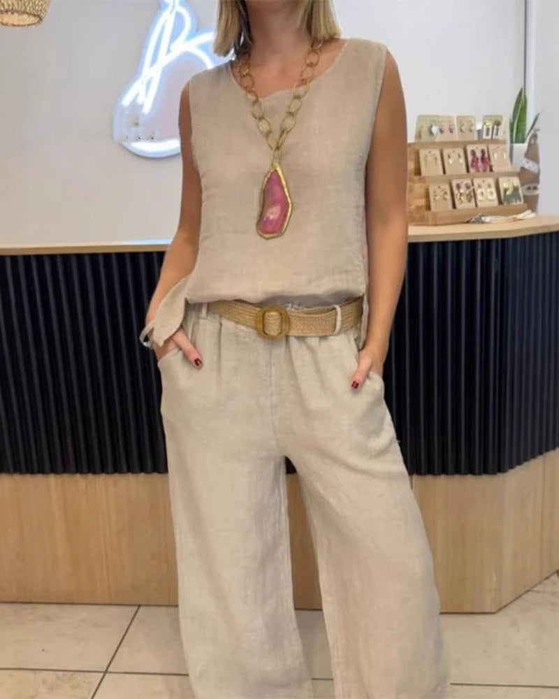 Σετ αμάνικο παντελόνι από μονόχρωμο βαμβάκι και λινό-GR